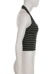 Halter button striped print backless top