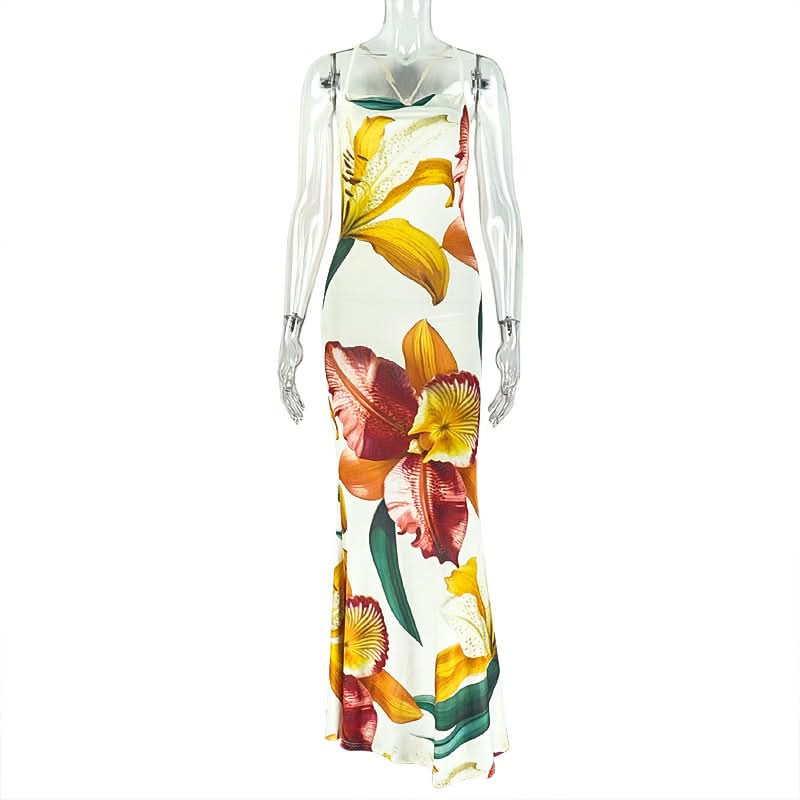 Cross back cowl neck flower print cami maxi dress