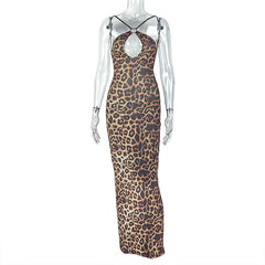Leopard print hollow out crewneck self tie cut out maxi dress