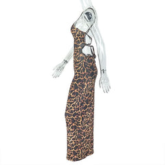 Leopard print hollow out crewneck self tie cut out maxi dress