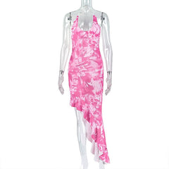 Self tie halter irregular u neck print midi dress