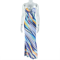 Hollow out print backless tube cut out maxi dress