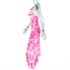 Self tie halter irregular u neck print midi dress