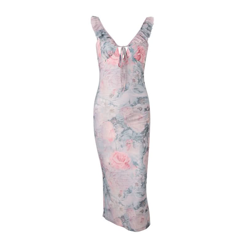 Ruffle v neck flower print self tie midi dress