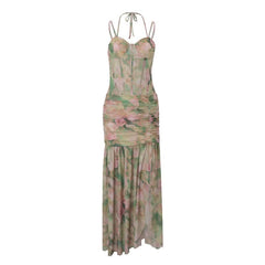 Ruched halter self tie print slit cami maxi dress
