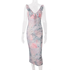 Ruffle v neck flower print self tie midi dress