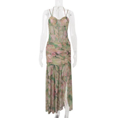 Ruched halter self tie print slit cami maxi dress