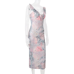Ruffle v neck flower print self tie midi dress