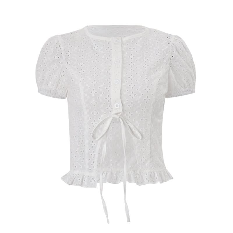 Short sleeve crewneck button hollow out crop cut out top