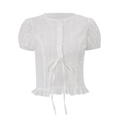 Short sleeve crewneck button hollow out crop cut out top