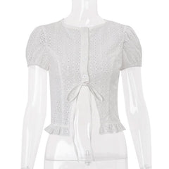 Short sleeve crewneck button hollow out crop cut out top
