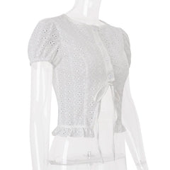 Short sleeve crewneck button hollow out crop cut out top