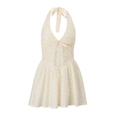 Halter self tie striped print v neck mini dress
