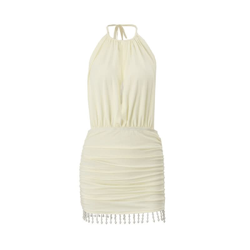 Ruched halter self tie beaded mini dress