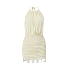 Ruched halter self tie beaded mini dress