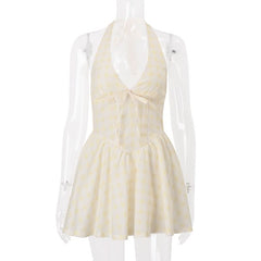 Halter self tie striped print v neck mini dress