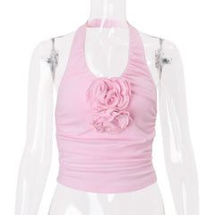 Halter ruched flower applique u neck top