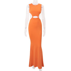 Hollow out crewneck orange backless cut out maxi dress