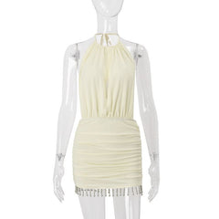 Ruched halter self tie beaded mini dress