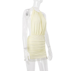 Ruched halter self tie beaded mini dress