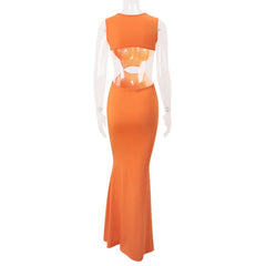Hollow out crewneck orange backless cut out maxi dress
