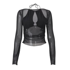 Long sleeve mesh hollow out cut out top