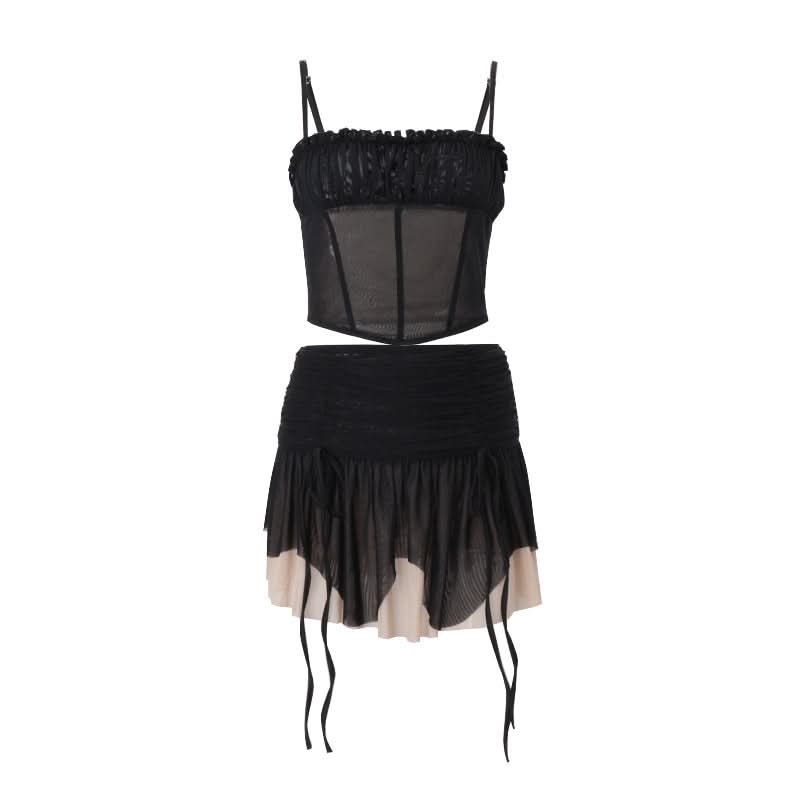 Drawstring ruched mesh cami mini dress