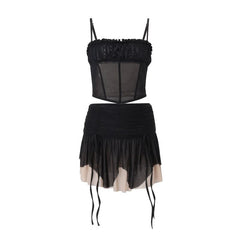 Drawstring ruched mesh cami mini dress