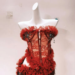 Fluffy ruffle button lace mini skirt set