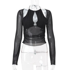 Long sleeve mesh hollow out cut out top