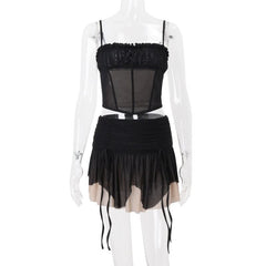 Drawstring ruched mesh cami mini dress