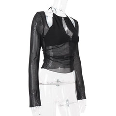 Long sleeve mesh hollow out cut out top