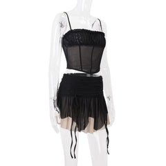 Drawstring ruched mesh cami mini dress
