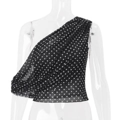 Polka dot one shoulder mesh top