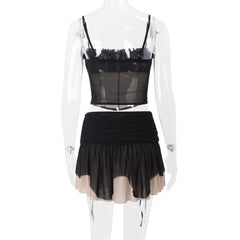 Drawstring ruched mesh cami mini dress