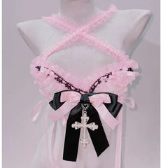 Halter bowknot cross applique ruffle top