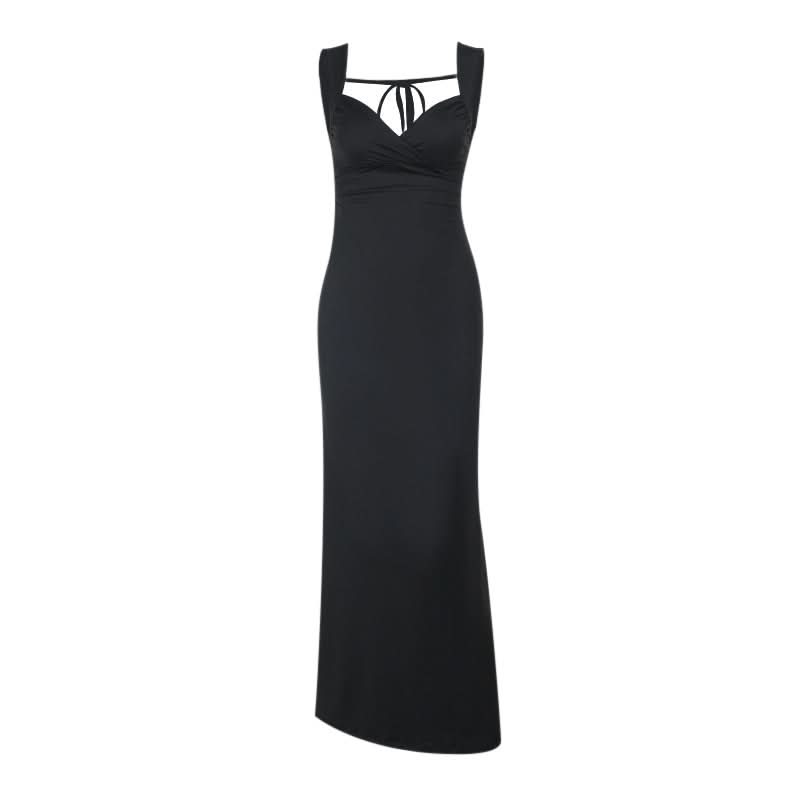 V neck self tie backless solid maxi dress