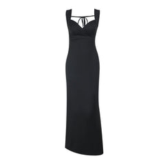 V neck self tie backless solid maxi dress