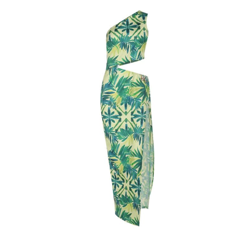 Slit hollow out irregular print one shoulder cut out maxi dress