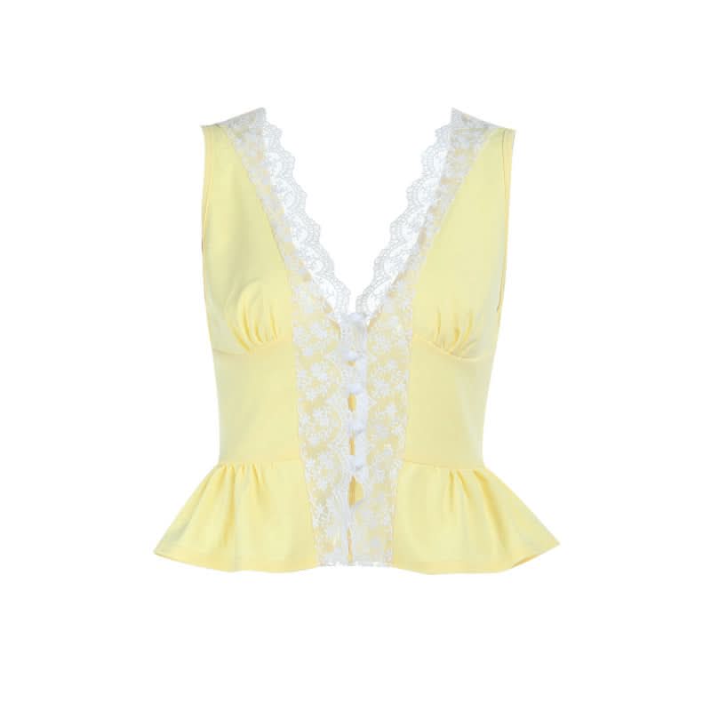 Lace hem v neck button ruched tank top