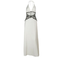 Halter self tie v neck lace hem zip-up maxi dress