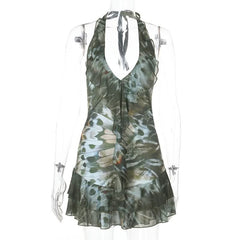 Halter self tie v neck print ruffle mini dress