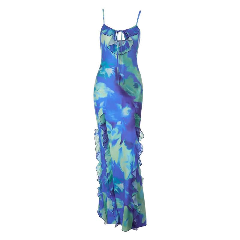 Ruffle hollow out self tie print cami cut out maxi dress