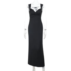 V neck self tie backless solid maxi dress