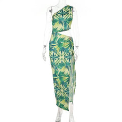Slit hollow out irregular print one shoulder cut out maxi dress