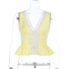 Lace hem v neck button ruched tank top