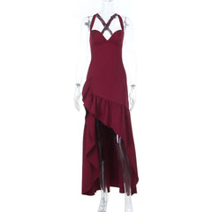 Cross back self tie v neck irregular zip-up midi dress