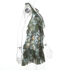 Halter self tie v neck print ruffle mini dress