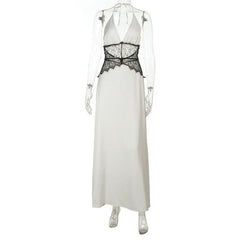 Halter self tie v neck lace hem zip-up maxi dress