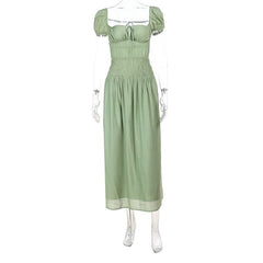 Ruched puff sleeve self tie backless maxi dress